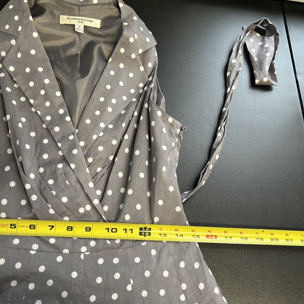 Evan Picone Women's 10 Gray White Polka Dot Dress Belted Sleeveless Collar Zip‎ - Picture 11 of 16